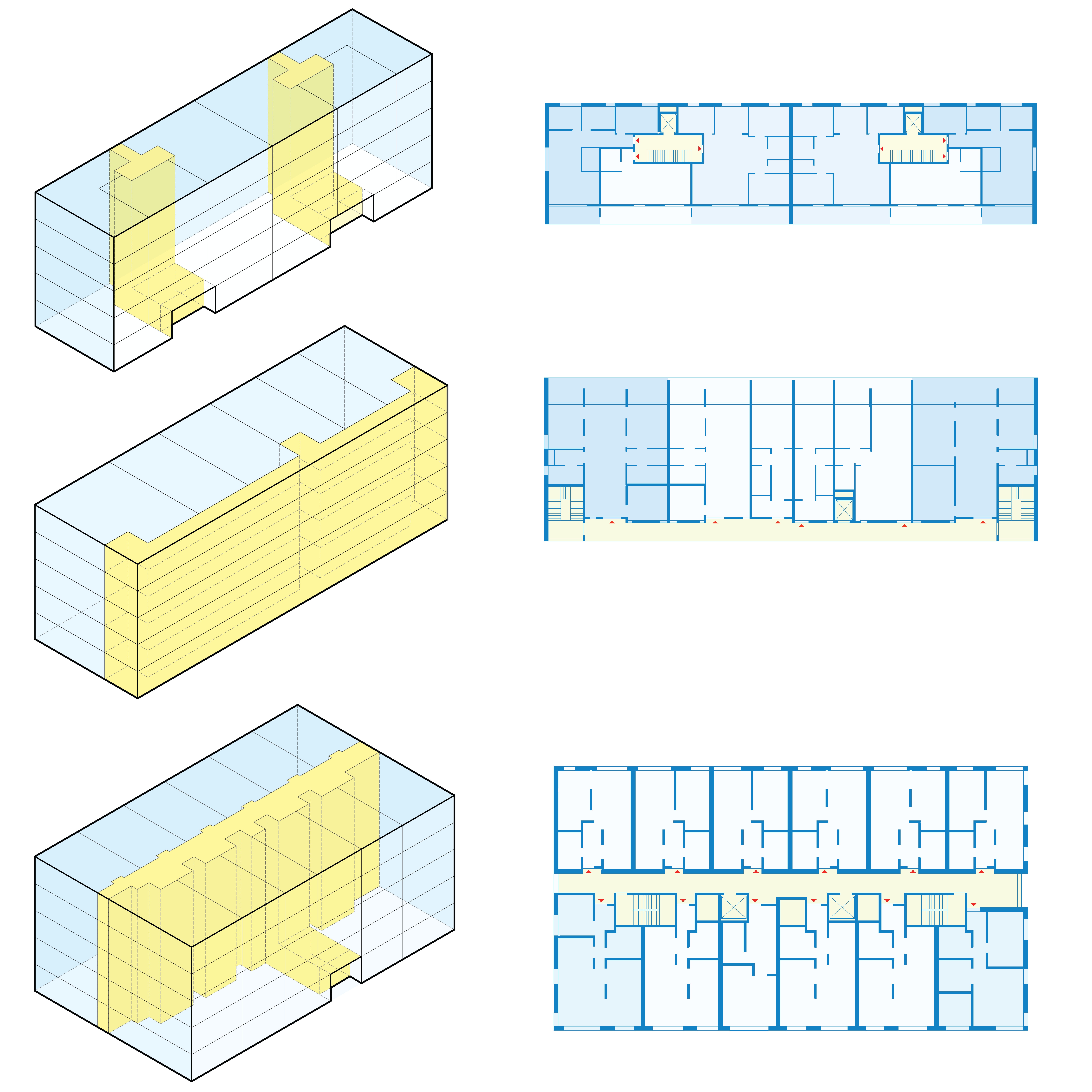 Three different building floor plans built around one or two stairways.