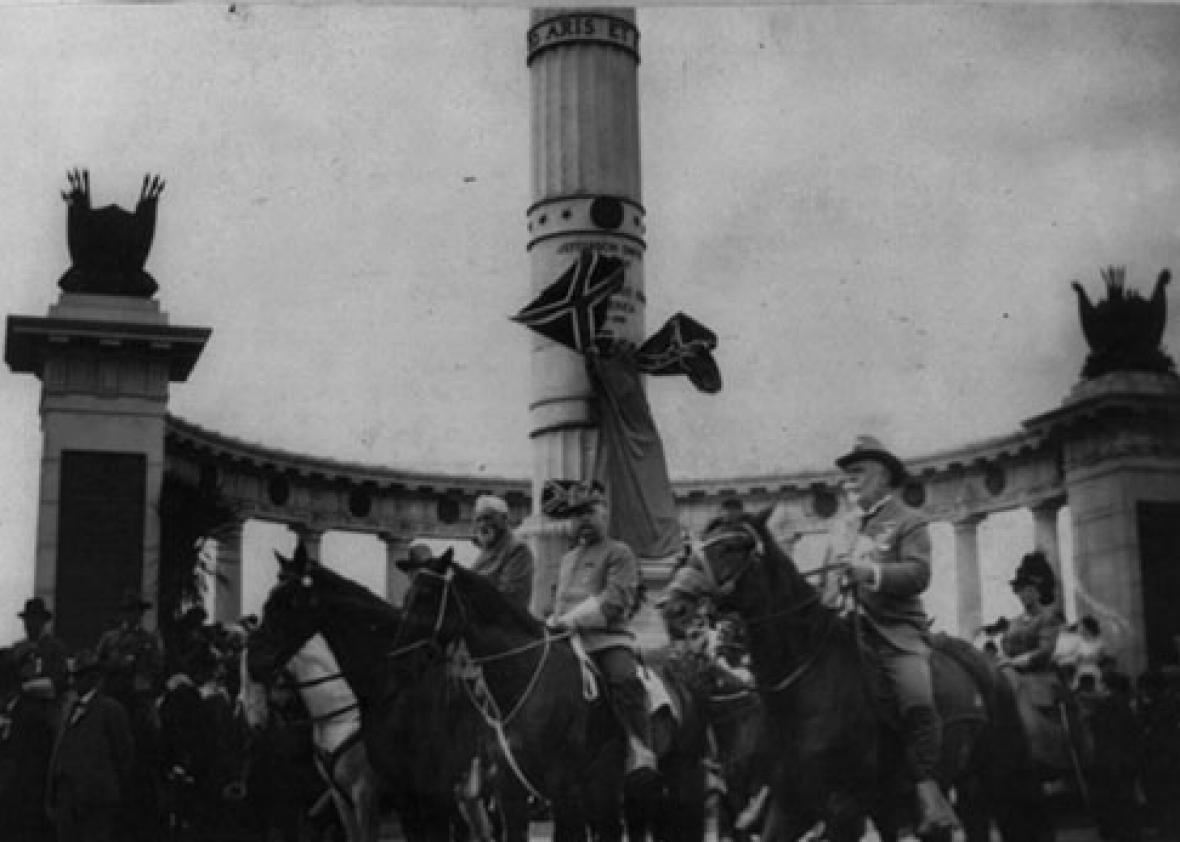 George Washington Custis Lee (1832–1913) on horseback with staff reviewing Confederate Reunion Parade in Richmond, June 3, 1907, in front of the Jefferson Davis Monument.