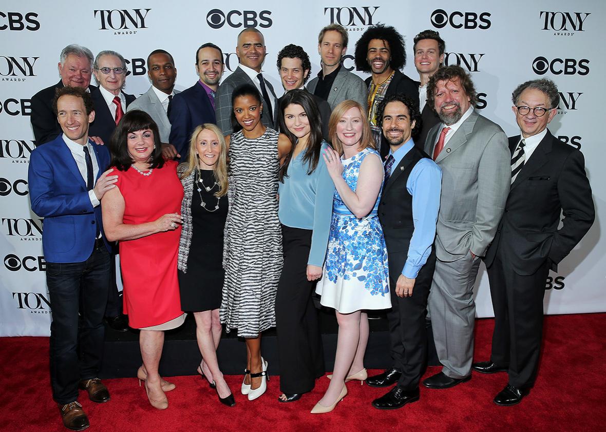 Cast and crew of "Hamilton" attend the 2016 Tony Awards Meet The Nominees Press Reception on May 4, 2016 in New York City.  
