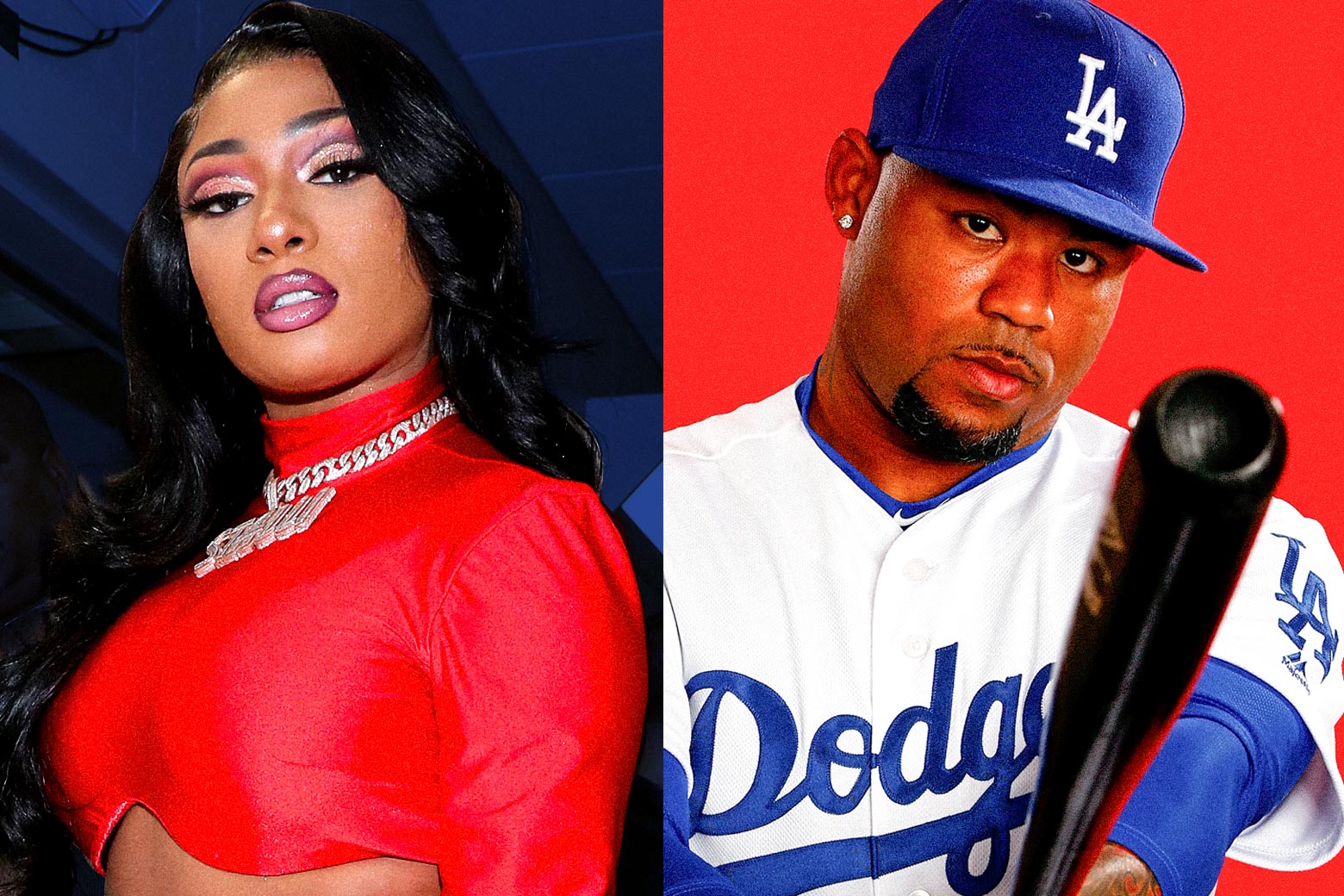 Left: Megan Thee Stallion Right: Carl Crawford in his playing days with the Dodgers holding a bat and looking at the camera