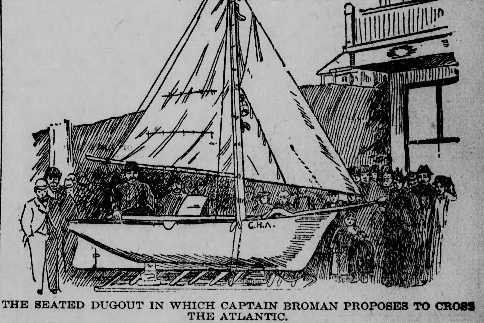 An old newspaper engraving of a crowd looking at a sailboat.
