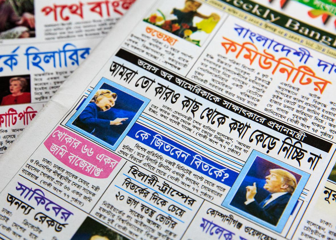 Recent newspapers are seen on Shahed Alam's desk, a reporter for Time Television who is covering the presidential debates for the station's Bangladeshi and South Asian community, at the station's office on September 30th, 2016 in Long Island City, New York.