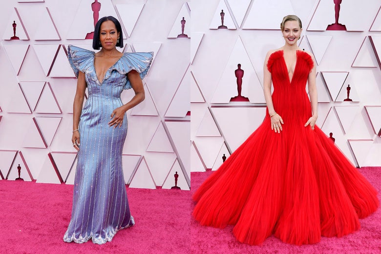 Regina King and Amanda Seyfried pose on a red carpet.