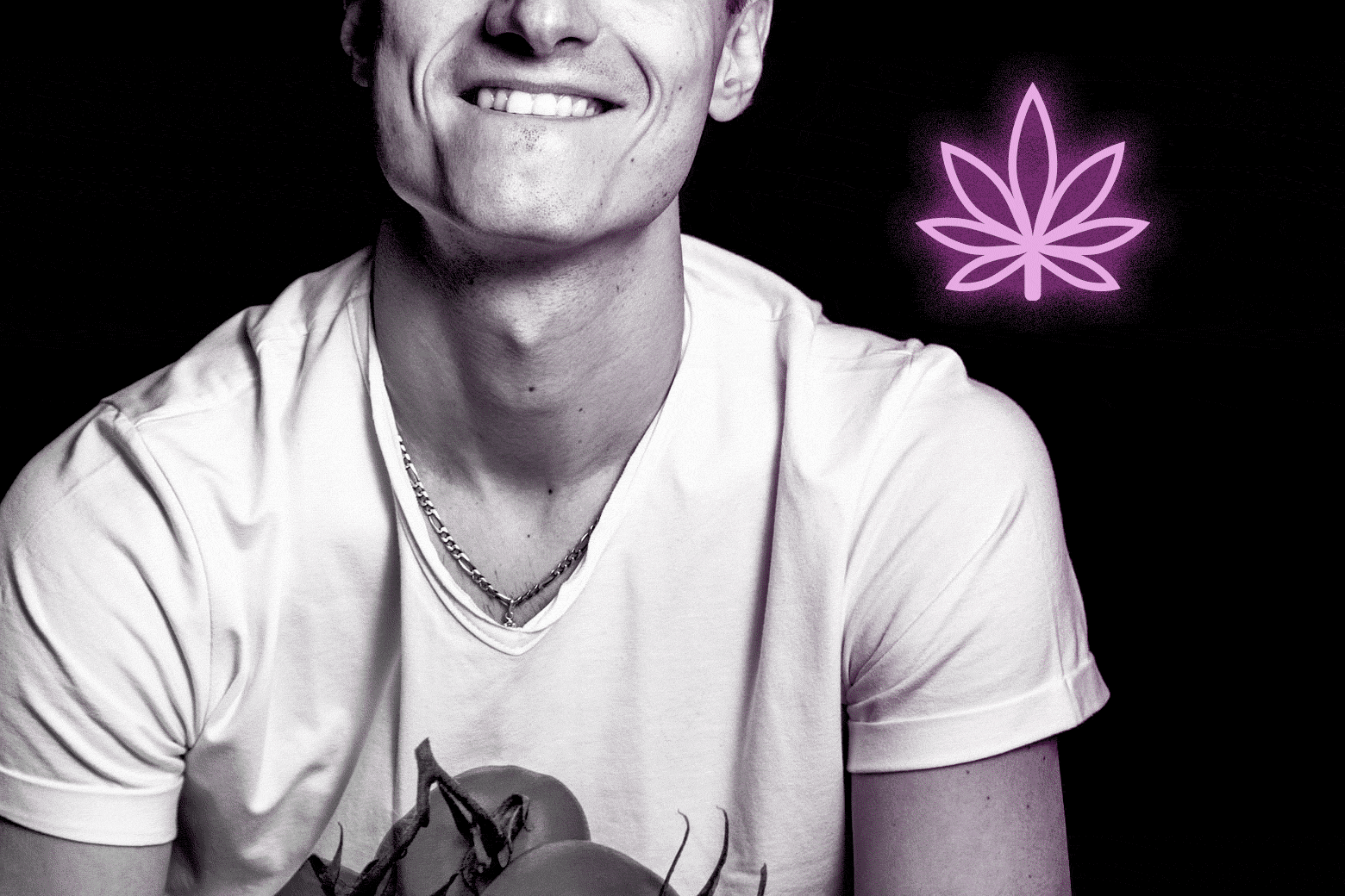 Man smiling, with illustration of a marijuana leaf.