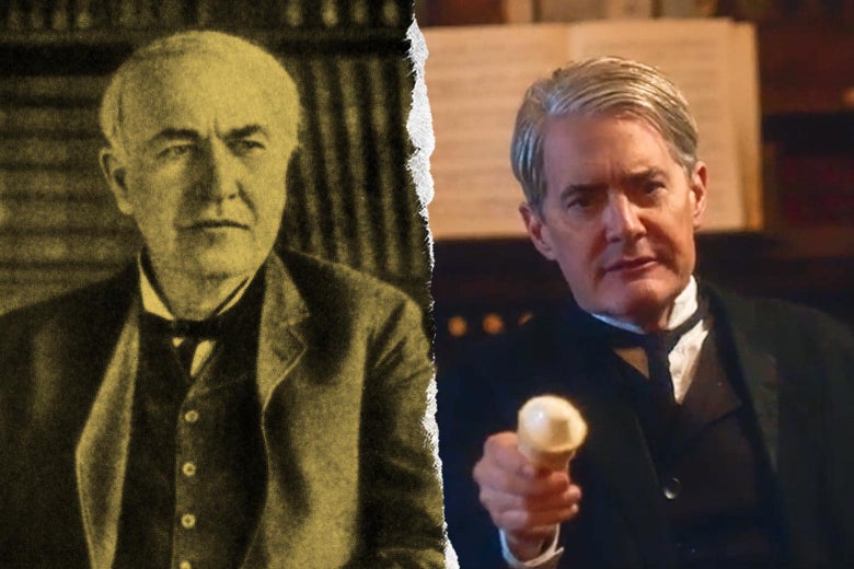 Thomas Edison and Kyle MacLachlan. MacLachlan is holding what appears to be a lightbulb.
