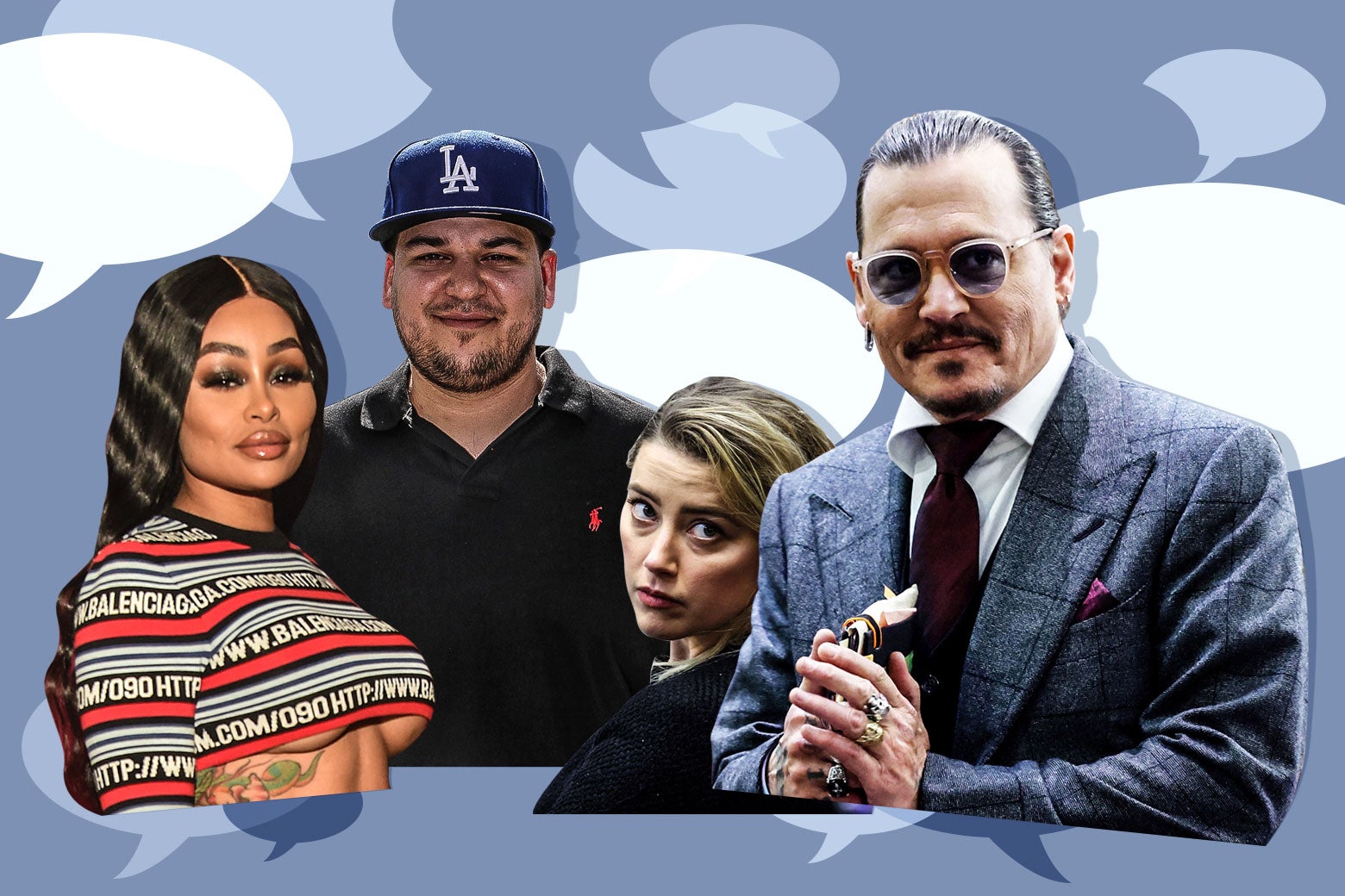 A collage of Johnny Depp, Amber Heard, Blac Chyna, and Rob Kardashians, all celebrities who are involved in high-profile defamation lawsuits this spring.