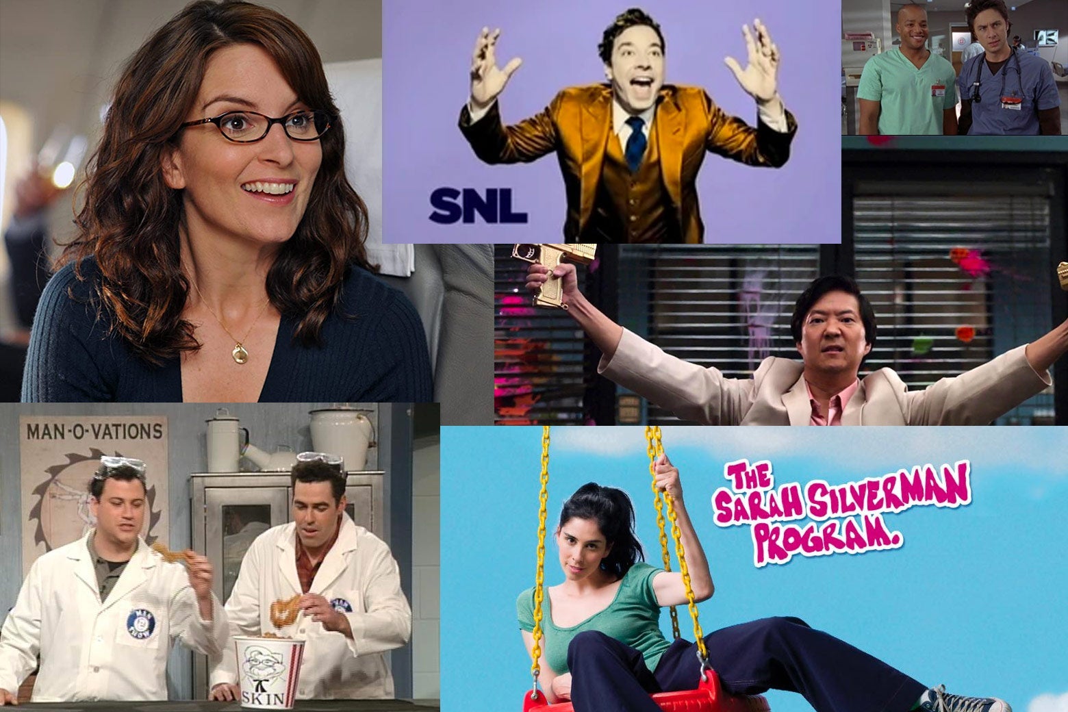 Collage of stills from 30 Rock, SNL, Community, Scrubs, The Sarah Silverman Program, and The Man Show
