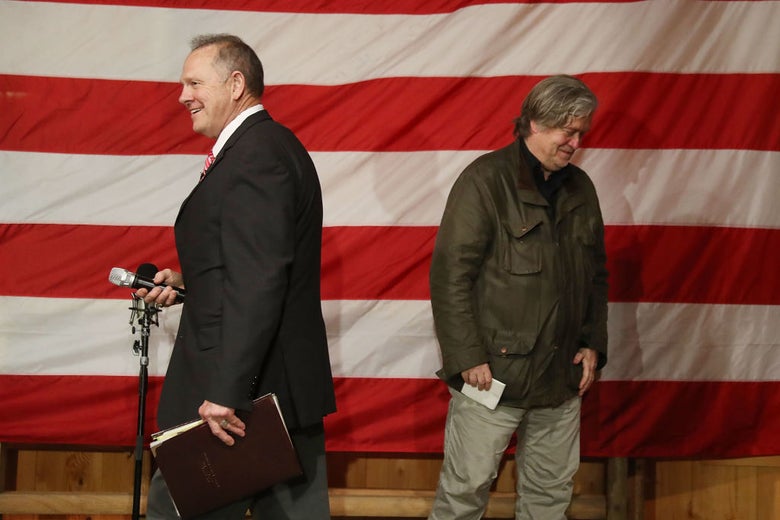 Roy Moore and Steve Bannon at a rally in Fairhope, Alabama on Dec. 5.