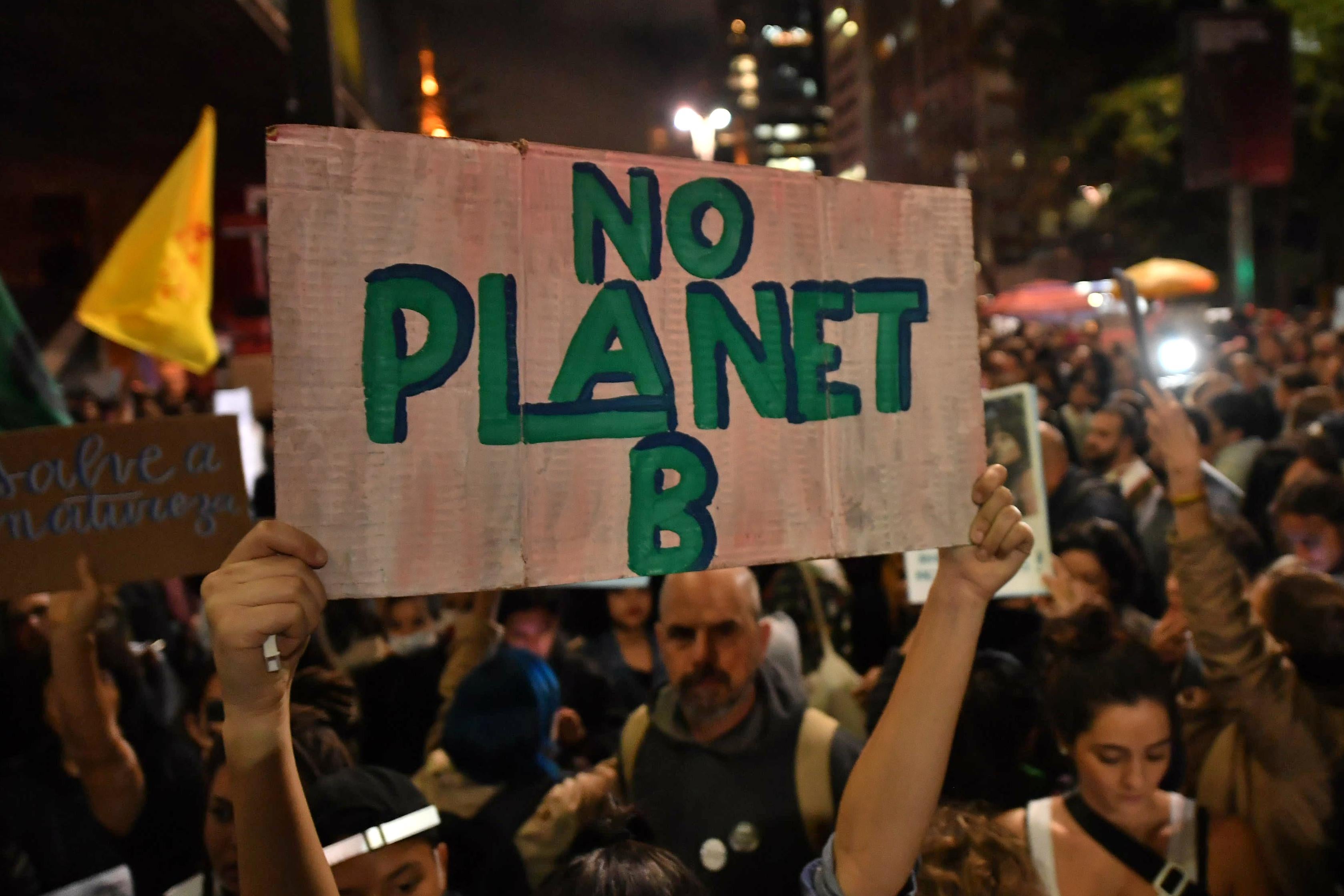 People protest against the government of Brazilian President Jair Bolsonaro over the fires in the Amazon rainforest in Sao Paulo, Brazil, on August 23, 2019.