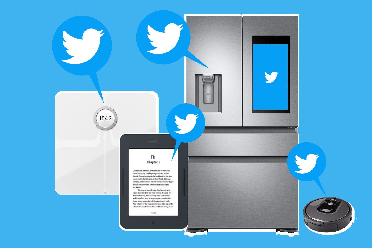 Photo illustration of objects you can tweet from: a scale, a fridge, a Roomba, a Kindle
