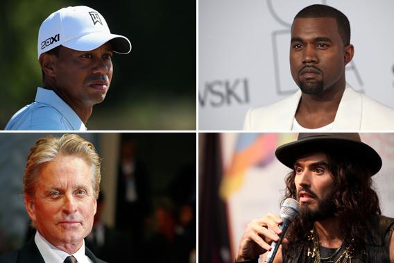 Tiger Woods, Kanye West, Michael Douglas, and Russell Brand.