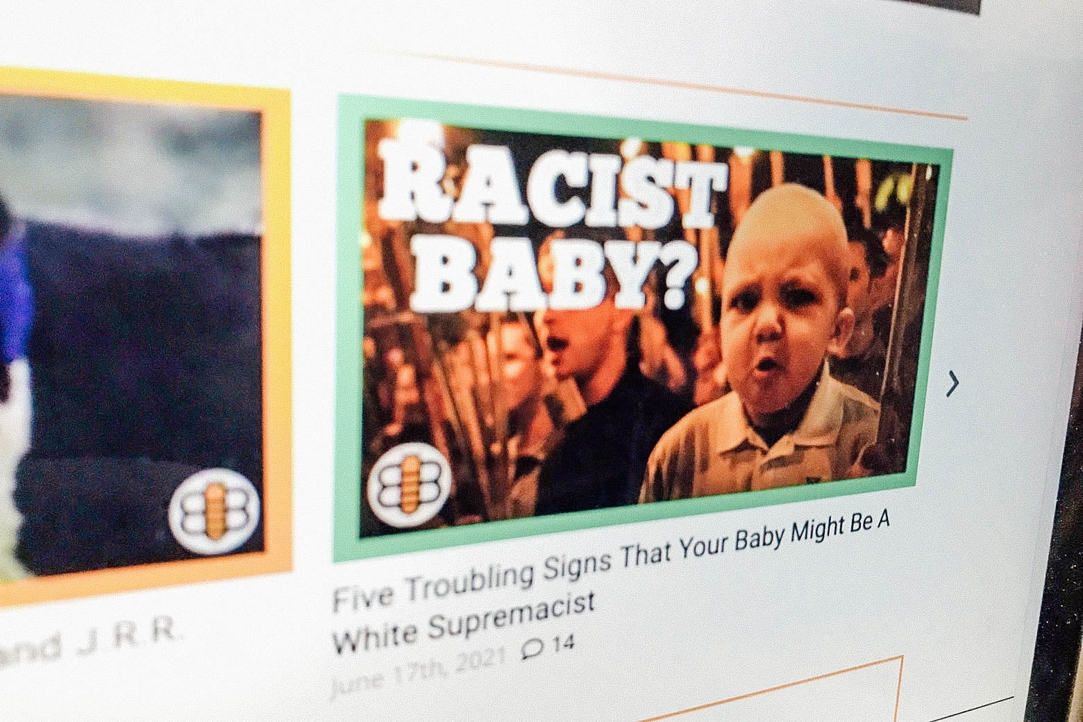 A screenshot of the website the Babylon Bee, with a photo of an article asking if a baby is racist.