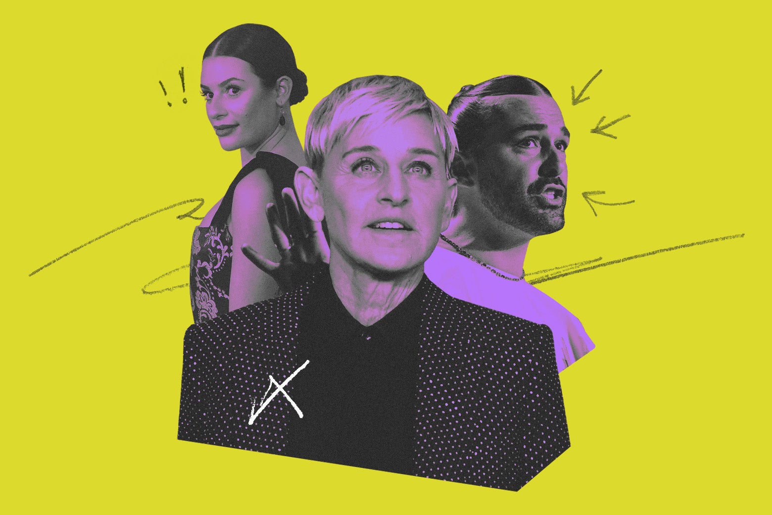 Problematic Hollywood celebs Lea Michele, Ellen DeGeneres, and Jonathan Van Ness, with exclamation marks and arrows pointing to them.