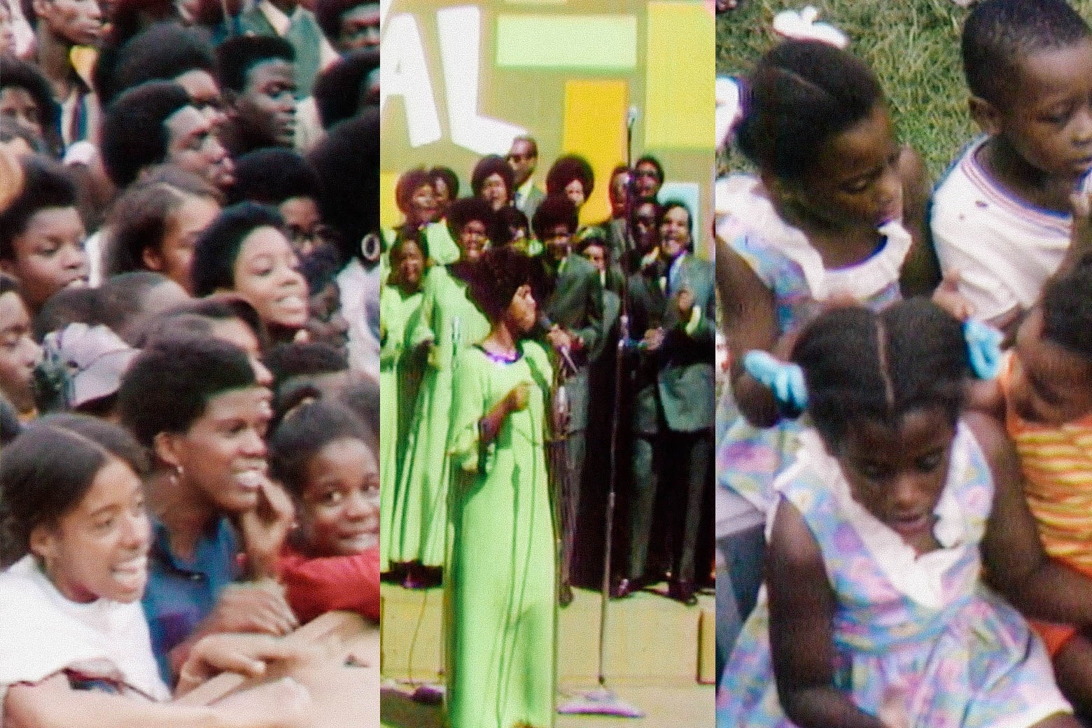 A triptych of images of Karen in the crowd, Terrence on stage with the choir, and Joy sitting with her sister and other children.