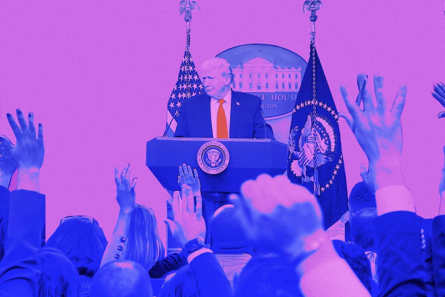 Donald Trump stands at a White House press podium bearing the presidential seal, flanked by American and presidential flags under a purple-tinted filter. In the