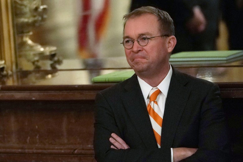 White House Acting Chief of Staff Mick Mulvaney listens during an East Room event to host the Clemson Tigers football team at the White House January 14, 2019 in Washington, D.C. 