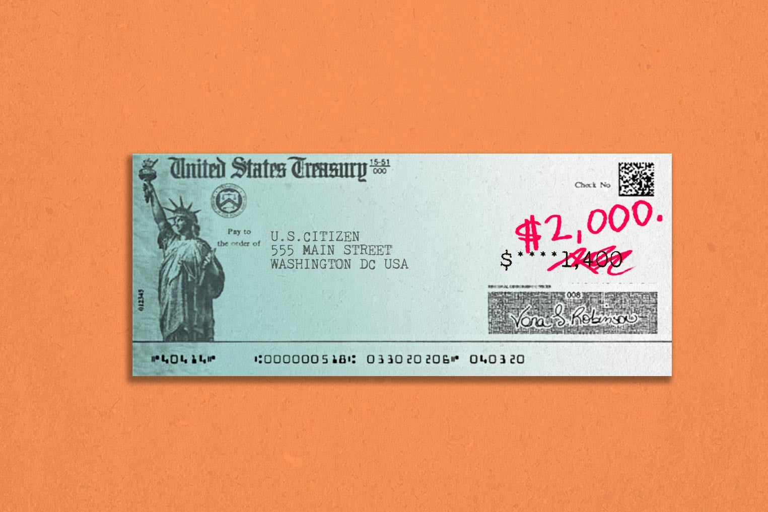 A U.S. Treasury check for $1,400 on which the $1,400 has been crossed out with red pen, with $2,000 written above it.