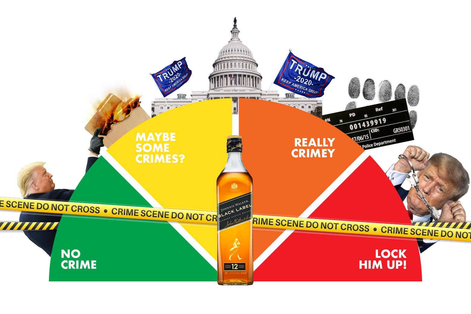 The Crime-O-Meter, whose four sections go from No Crime to Maybe Some Crimes to Really Crimey to Lock Him Up. A bottle of Johnnie Walker is pointing straight up between Maybe Some Crimes and Really Crime-y.