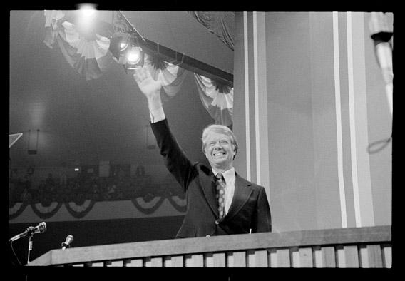 Jimmy Carter waving at the 1976 Democratic National Convention, in July in New York City.