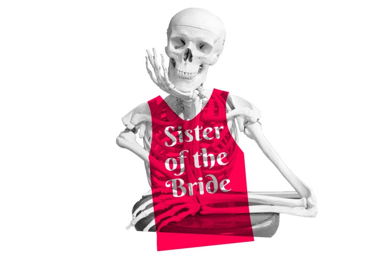 A skeleton wearing a tank top that reads "sister of the bride"