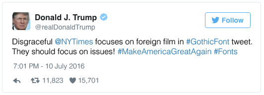 Disgraceful @NYTimes focuses on foreign film in #GothicFont tweet. They should focus on issues! #MakeAmericaGreatAgain #fonts