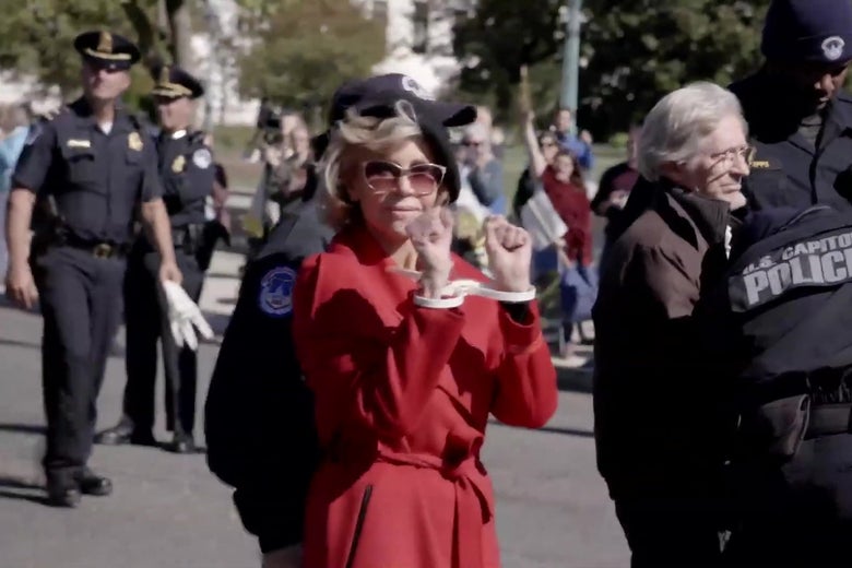 Jane Fonda accepts a BAFTA Britannia Award while being arrested.