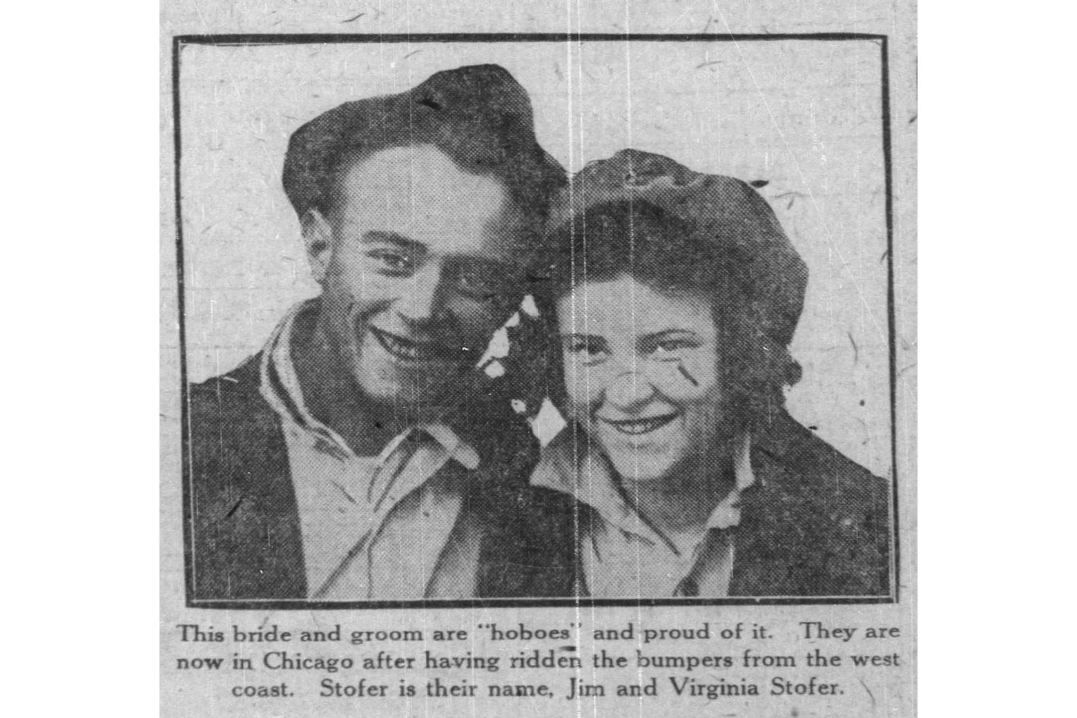 Jim and Virginia Stopher, in a 1922 news clip about their hobo honeymoon.