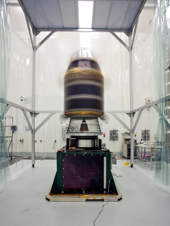 During preparations for NASA's Lunar Atmosphere and Dust Environment Explorer (LADEE) observatory launch on Sept. 6, 2013, engineers mounted it onto a spin table and rotate it at high speeds, approximately one revolution per second, to make sure that the spacecraft is perfectly balanced for flight. 
