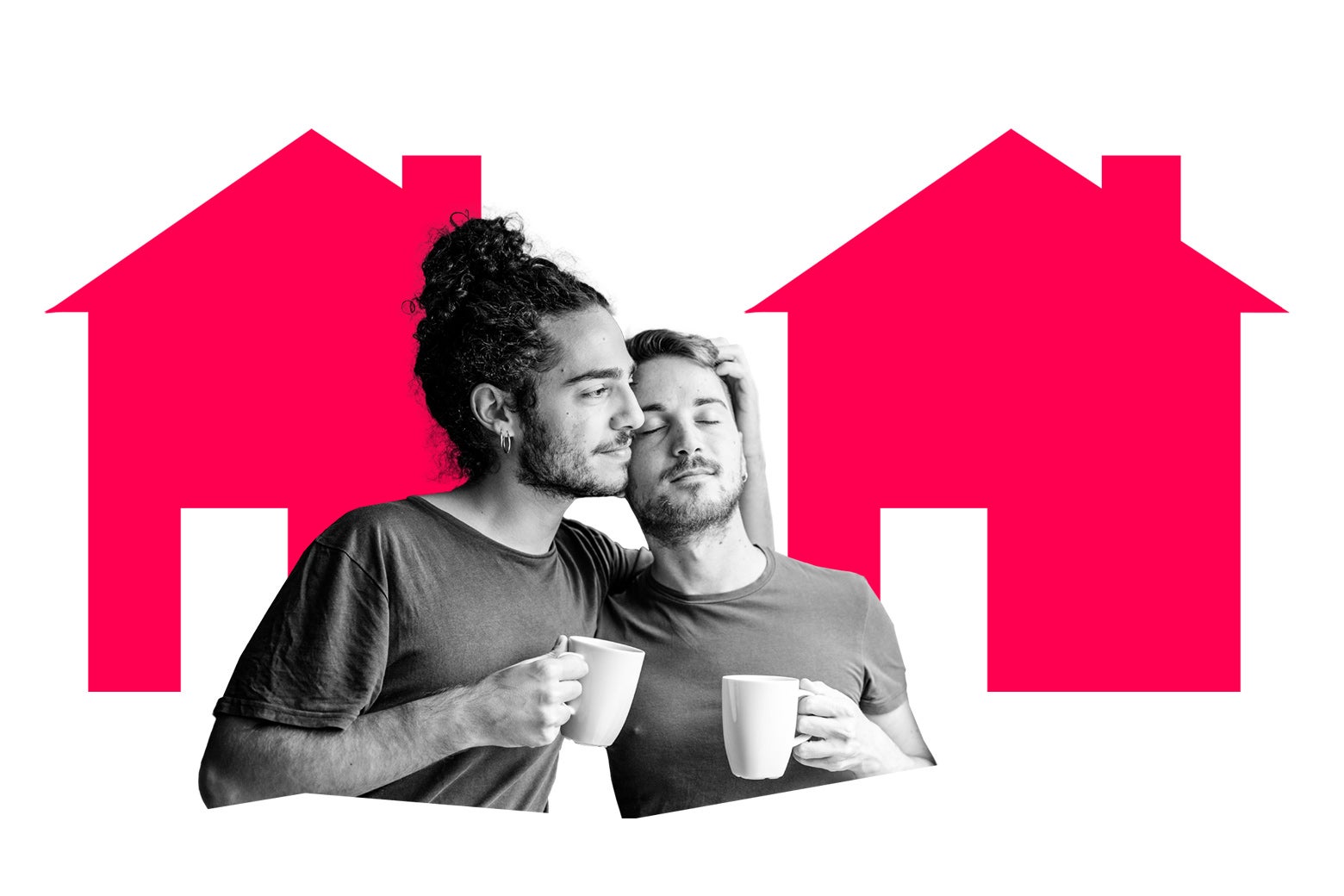 Two men hugging from separate houses.