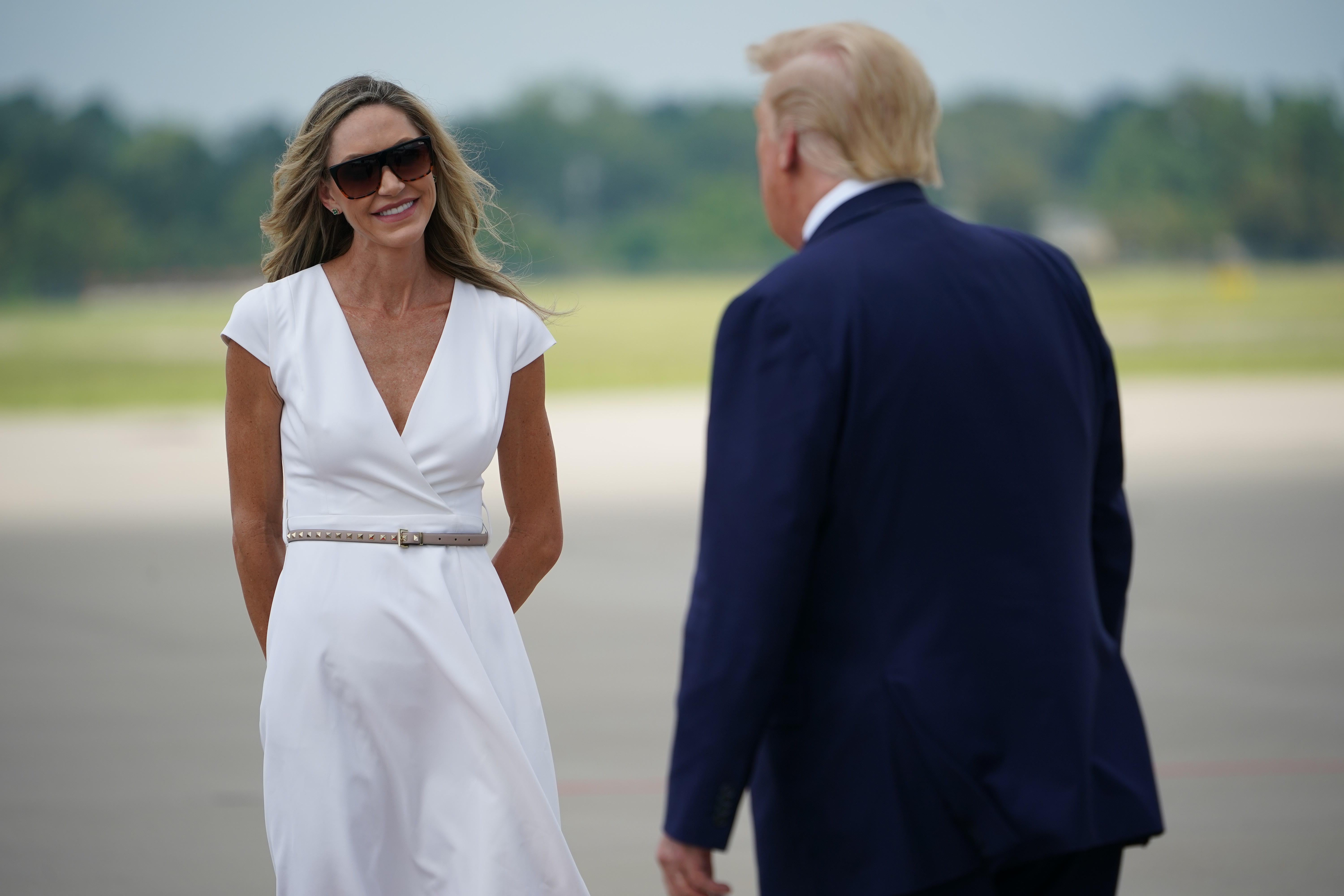 Donald Trump, with daughter-in-law Lara Trump, arrives at Wilmington International Airport in Wilmington, North Carolina on September 2, 2020. 