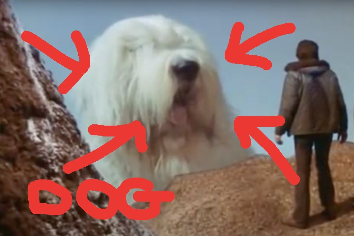 The same giant dog from the preceding image, now identified with bright red arrows.