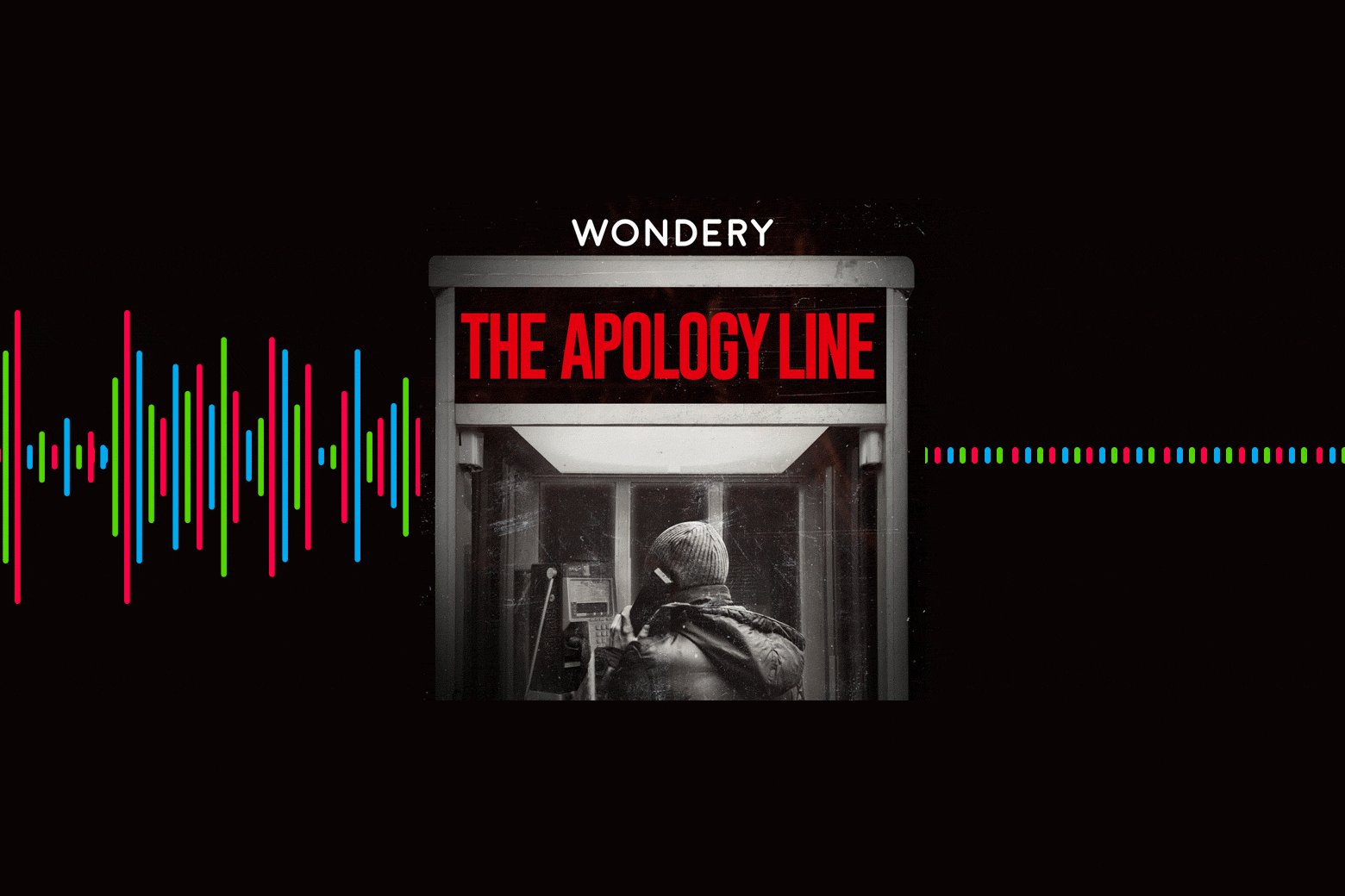 The logo for Wondery's The Apology Line with lines moving to indicate sound.