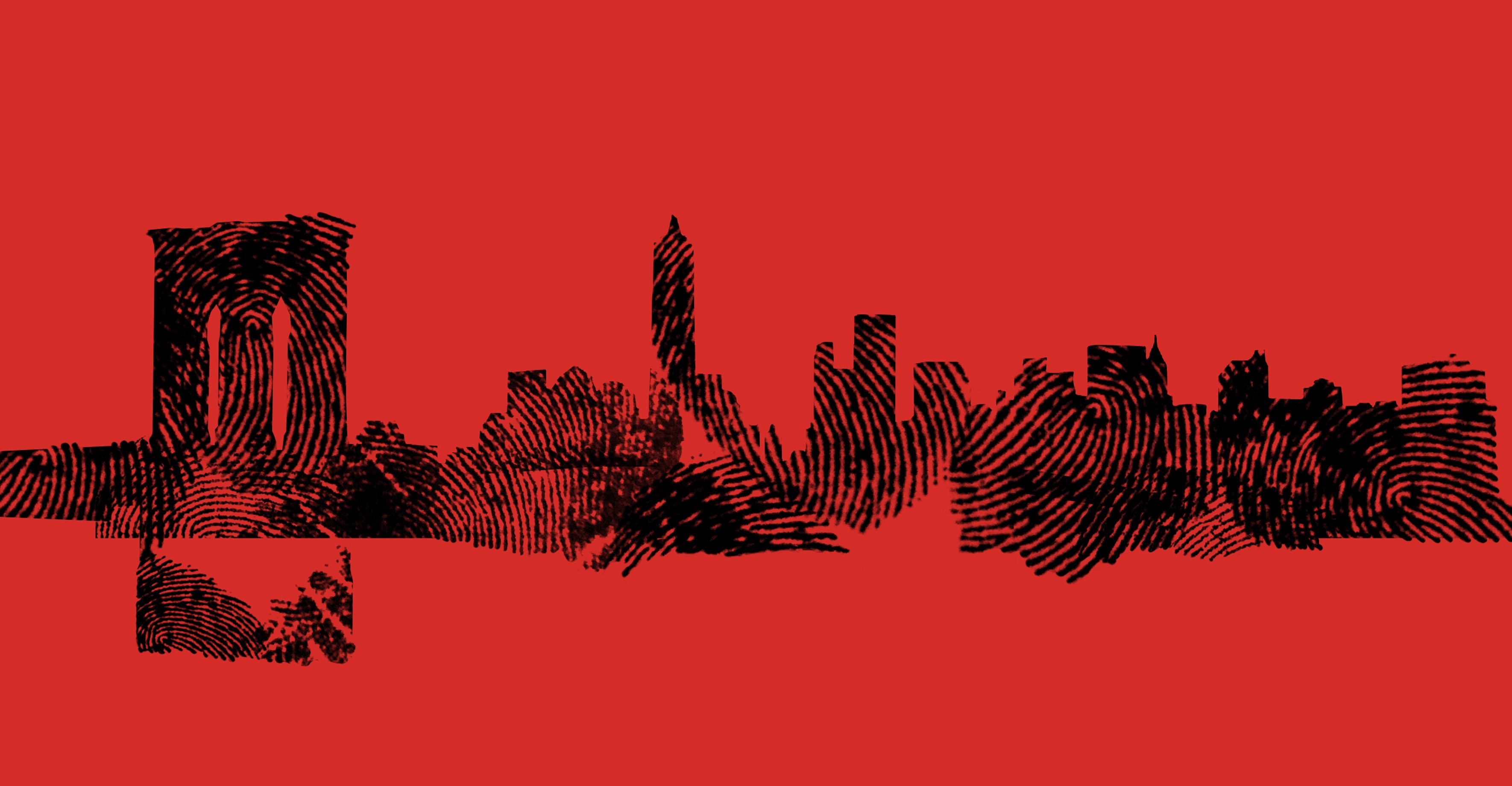 Fingerprints sketch out the Brooklyn Bridge and the NYC skyline.