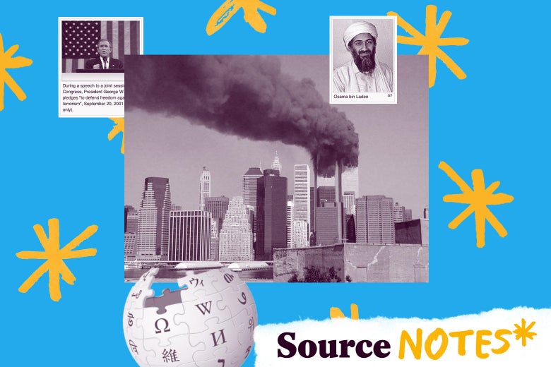 Photos of George W. Bush, the twin towers, and Osama bin Laden over a blue and yellow background where it says "Source Notes."