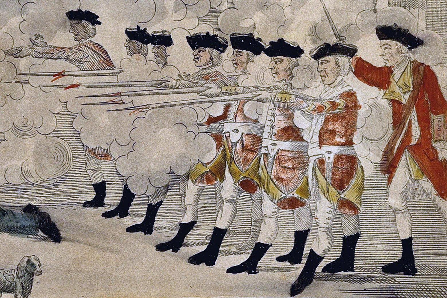 A detail from Paul Revere's engraving of the Boston Massacre showing a line of British soldiers firing their muskets into a crowd.