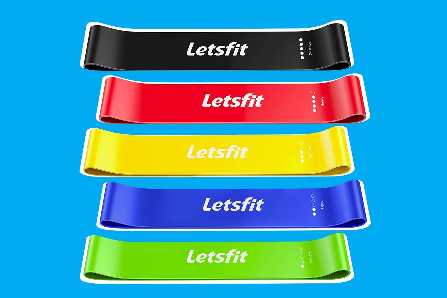 Letsfit resistance bands in five sizes/colors.