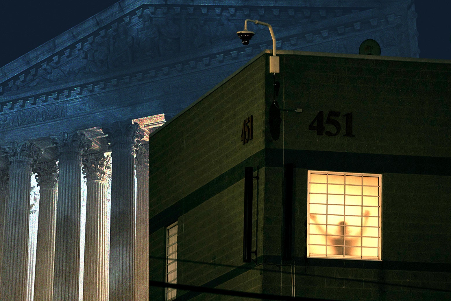 An editorial collage juxtaposes classical stone columns of a government building illuminated on the left with a dark green industrial structure on the right. Th