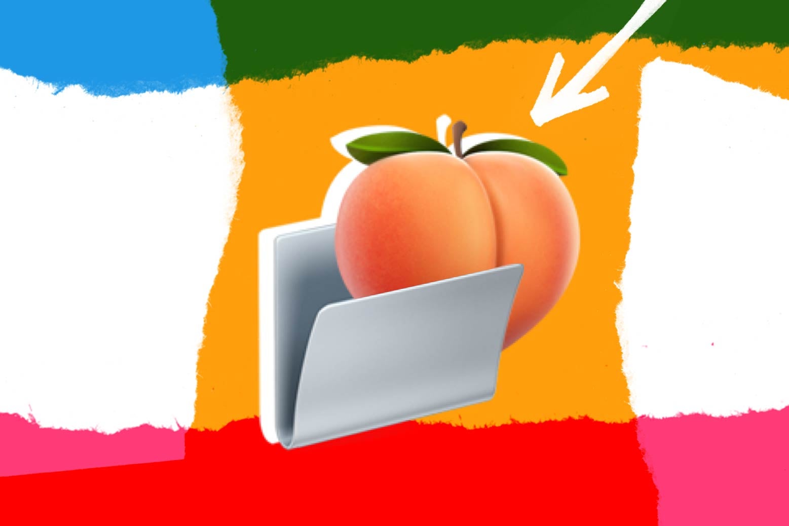 A peach emoji nestling into a folder emoji.
