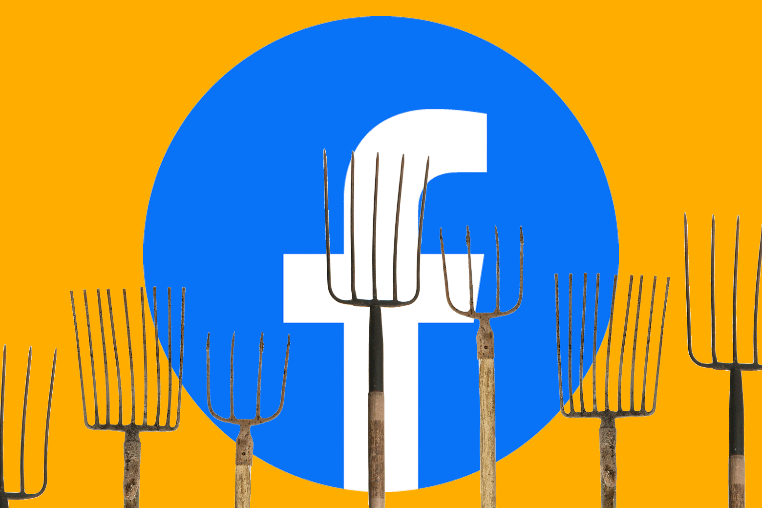The Facebook logo with pitchforks rising and lowering in front of it.