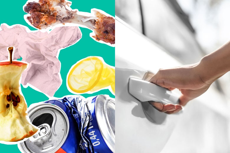 Photo illustration: an apple core, crushed soda can, used linen, half-eaten chicken wing, and a condom juxtaposed against a car door about to be opened.