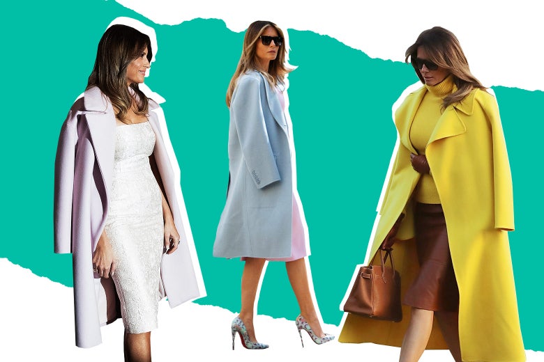 A collage of a chilly first lady, Melania Trump wearing a jacket over her shoulders. 