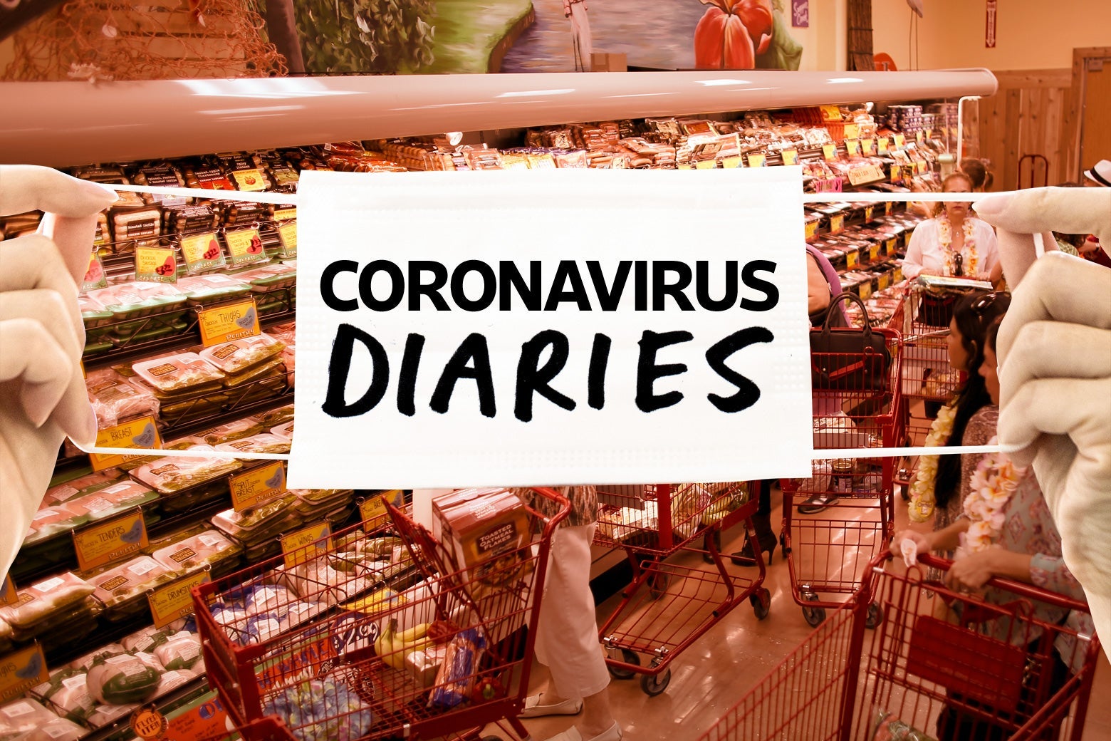 A crowded Trader Joe's, and the "Coronavirus Diaries" logo.
