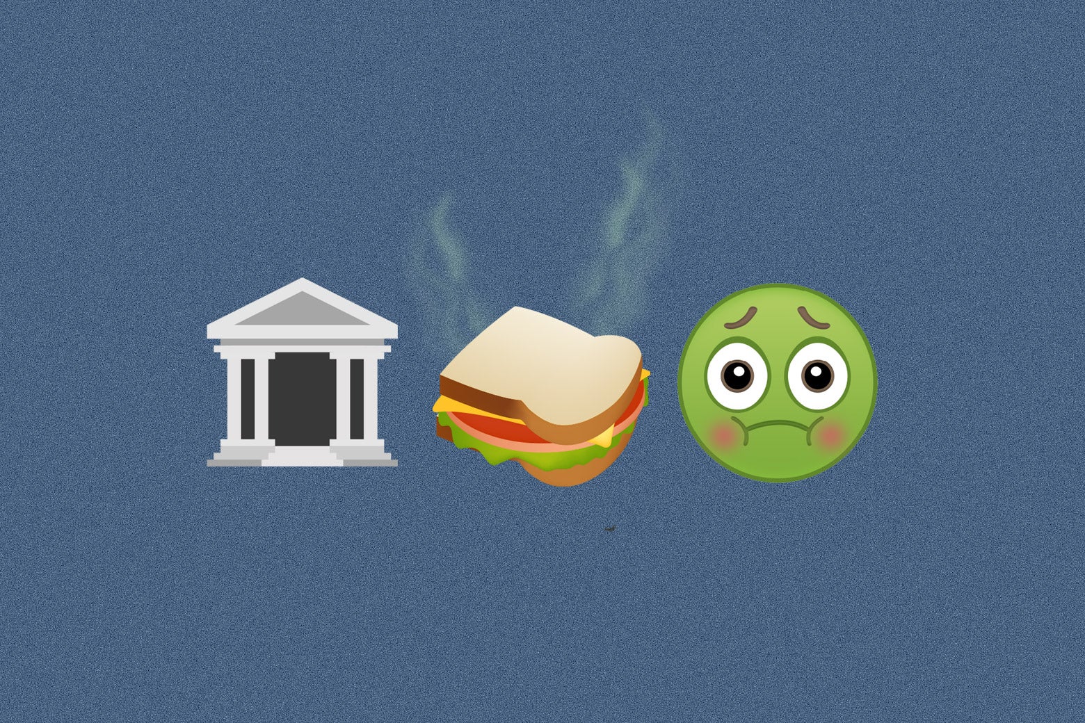 3 emoji-style pictures of, from right to left: A classical structure representing the U.S. Capitol, a sandwich emoji with stink lines coming off of it, and a nauseated green-face emoji.