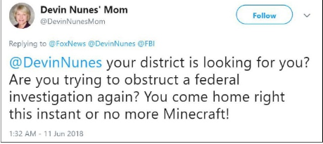 A tweet @DevinNunesMom included in the costume of Devin Nunes. "Srcset =" https://compote.slate.com/images/bf918dd4-3ab9-4414-ad1f-a6d4c60cc28d.png 1x, https://compote.slate.com/ / bf918dd4-3ab9-4414-ad1f-a6d4c60cc28d. png 2x