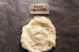 A dollop of mashed potatoes labeled Food Processor.