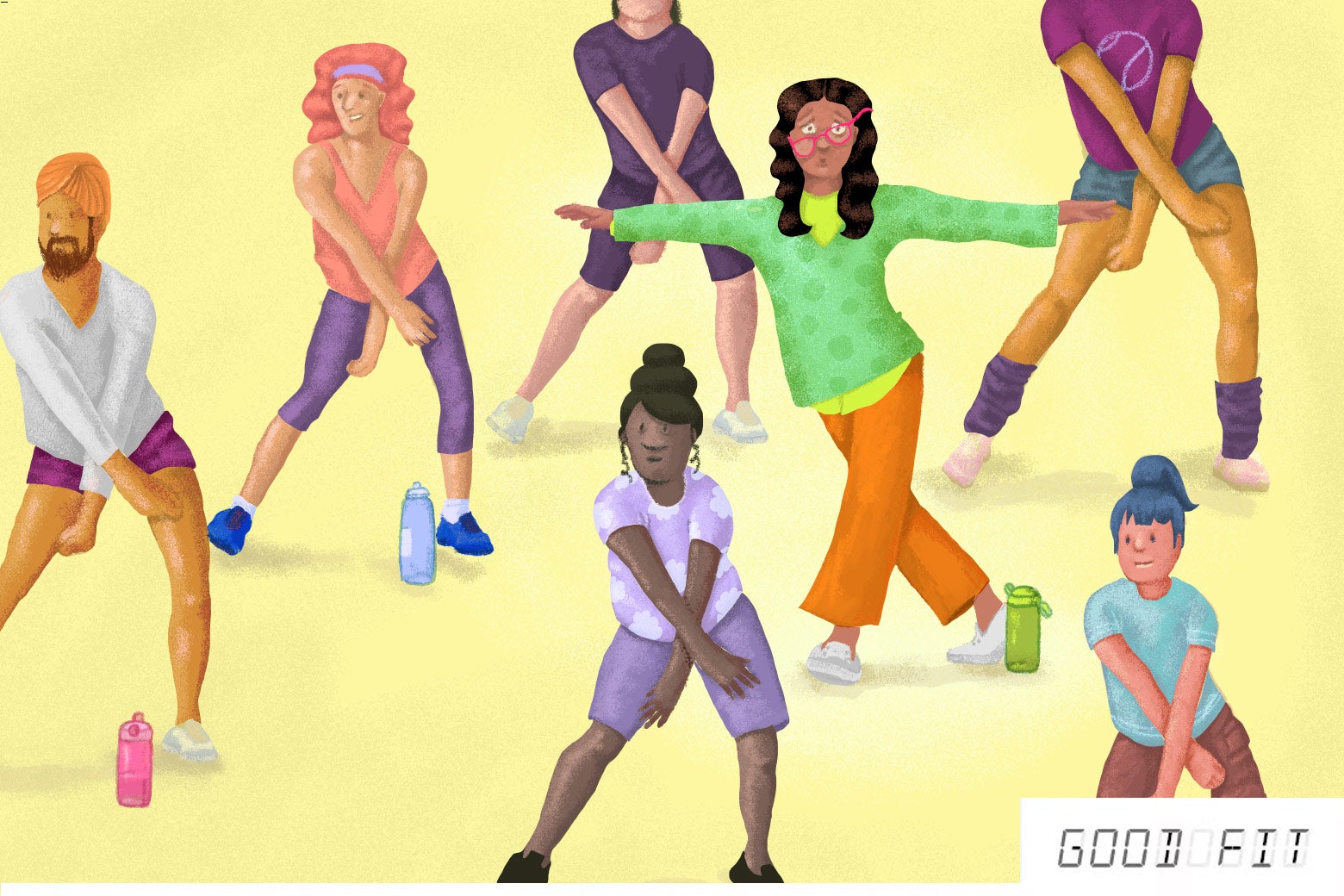 Illustration of a group exercising in sync except for one woman. 