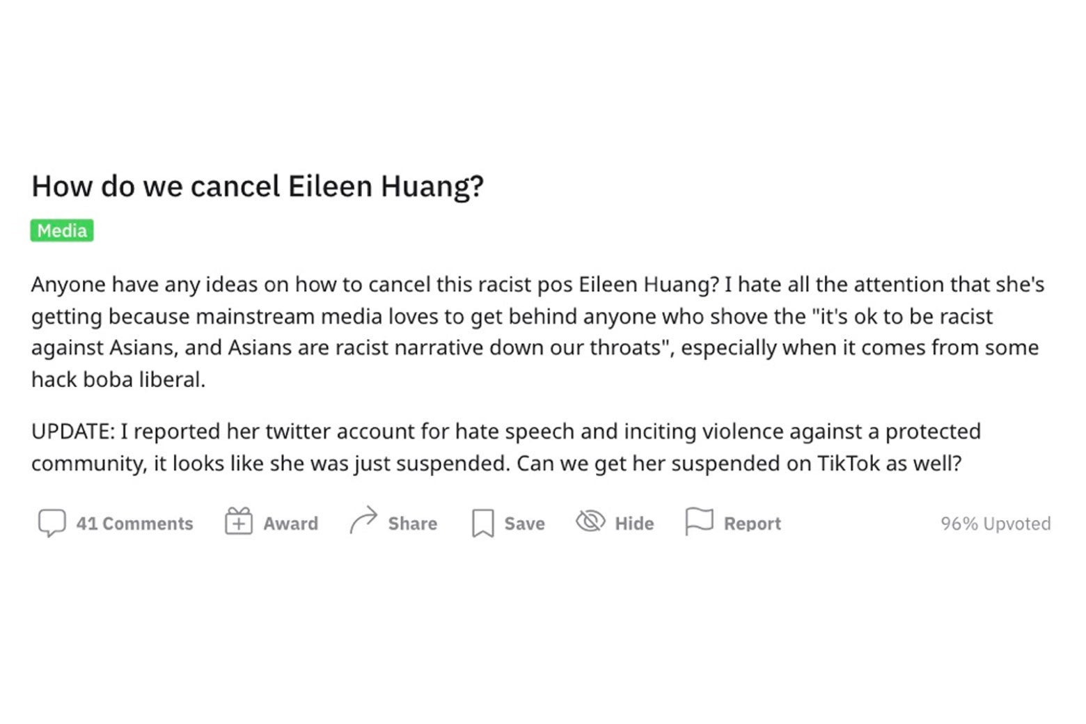 A Reddit post titled "How do we cancel Eileen Huang?"