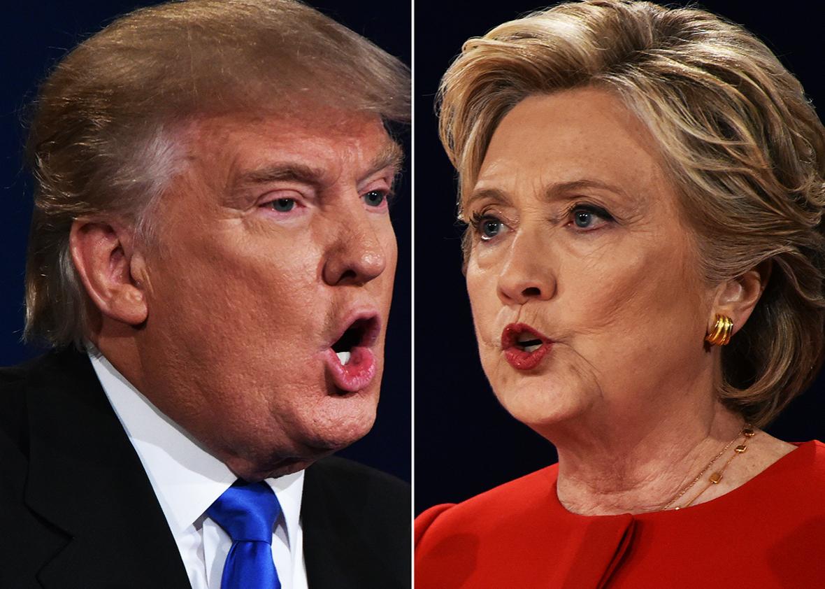 In this Combination of pictures taken on September 26, 2016, Republican nominee Donald Trump and Democratic nominee Hillary Clinton face off during the first presidential debate at Hofstra University in Hempstead, New York. 