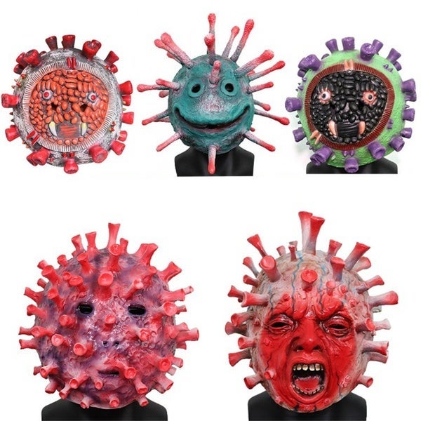 Five scary virus masks with faces and spikes.