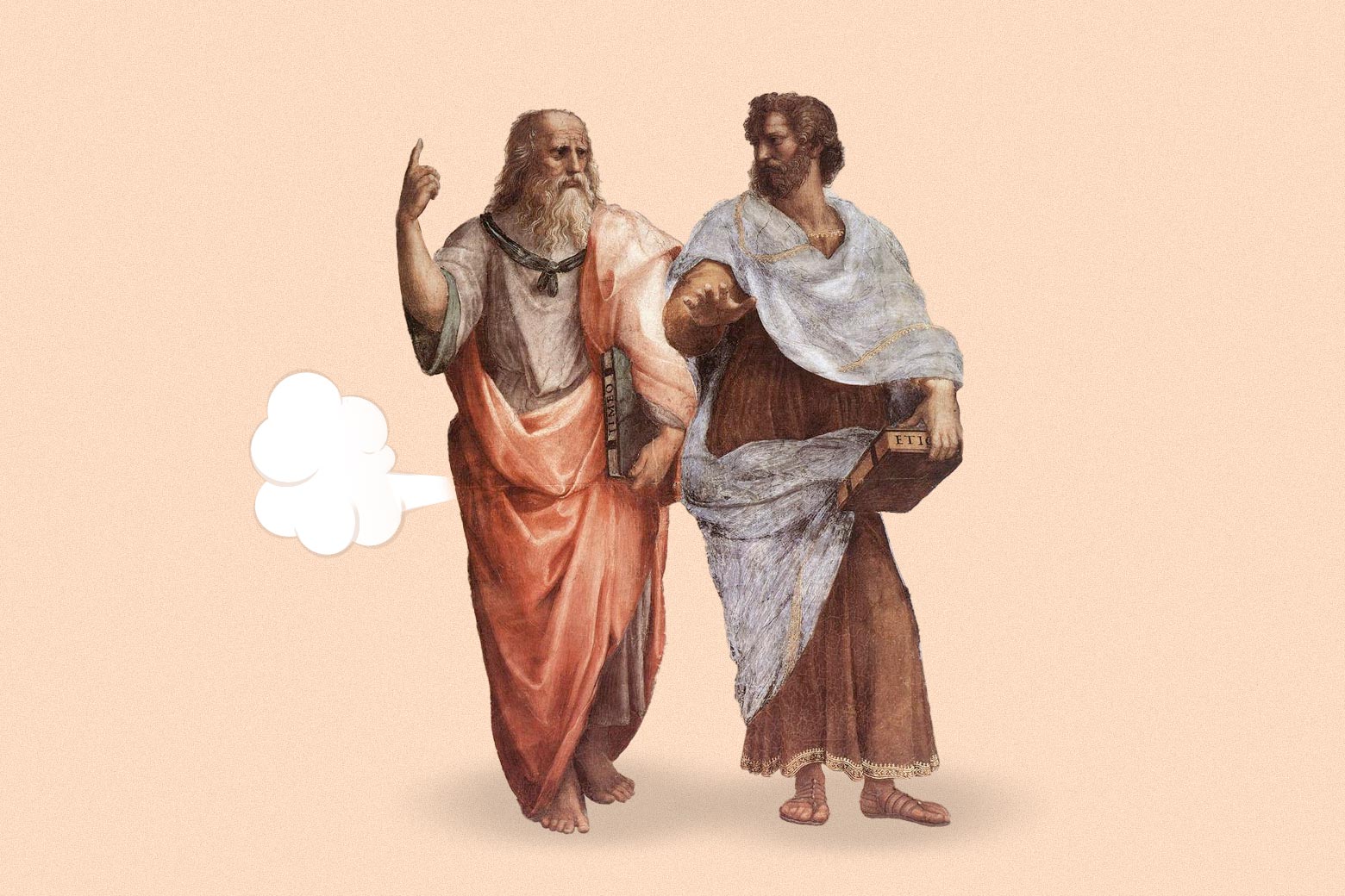 Plato and Aristotle from Raphael's School of Athens. A cartoon fart cloud emerges from Plato's butt.
